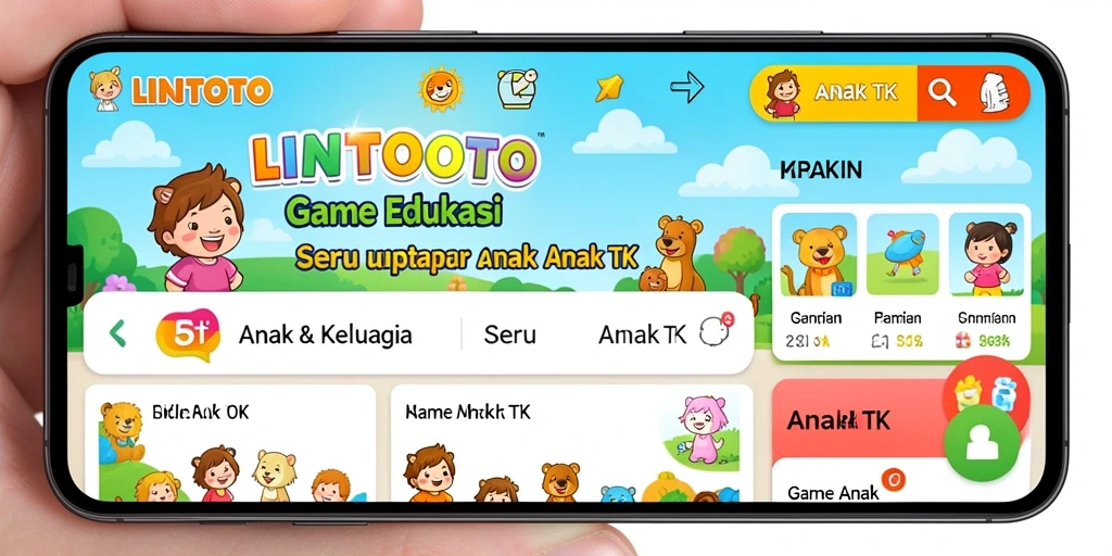 Antarmuka aplikasi LINITOTO yang ceria dan interaktif untuk anak-anak.